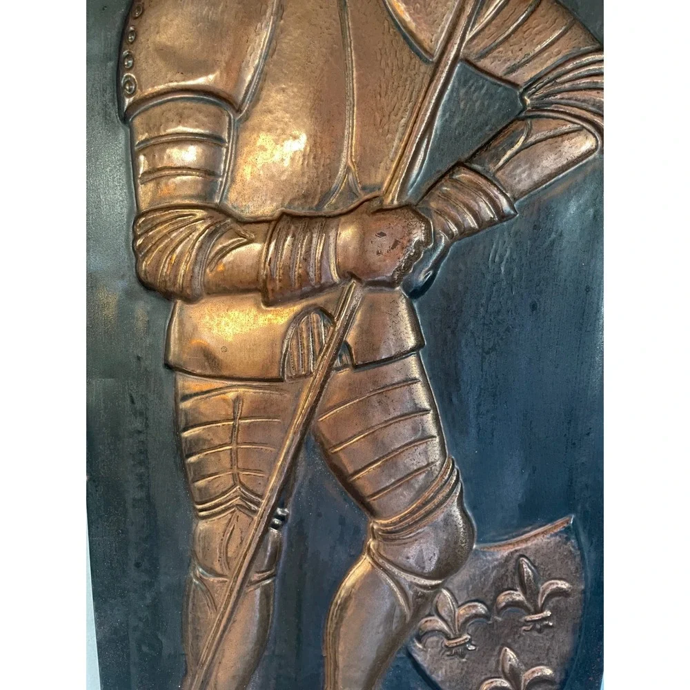 Vintage 3D Medieval Copper Knight Wall Art Plaque Embossed Metal Fleur -De-Lis